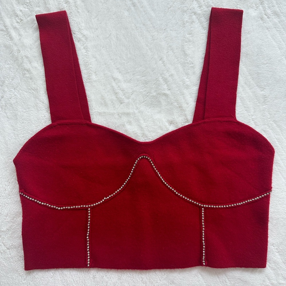 Red Cropped Tank Top with Rhinestone Detail